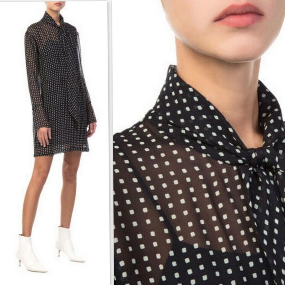 THEORY Deep Navy Diamond Print Silk Chiffon Bow Neck Scarf Dress Size 4